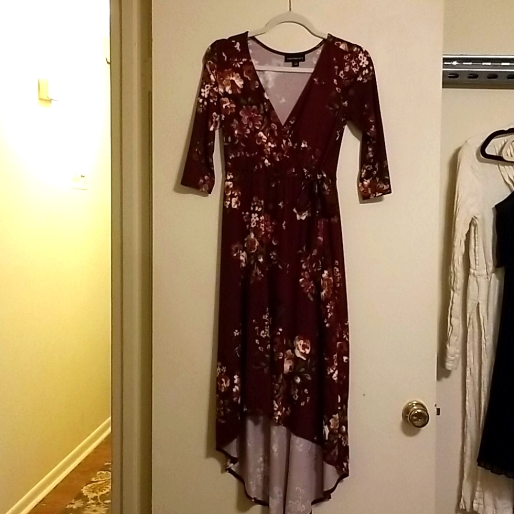 Burgundy Floral Print High-low Dress